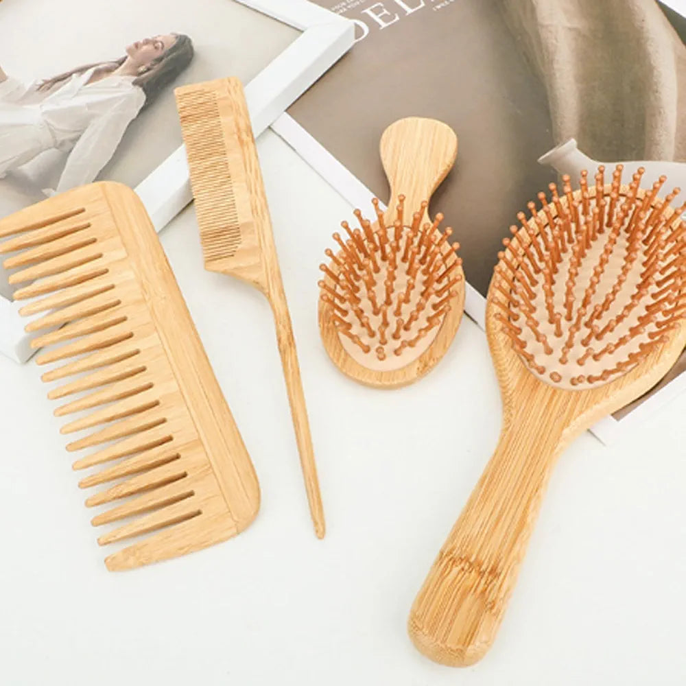 Hair Brush ✨Set, Natural ✨Bamboo ⭐Comb Paddle Detangling Hairbrush, Wide-tooth and tail comb No Brushs, suit for Women Men and Kids Thick/Thin/Curly/Dry Hair Gift kit