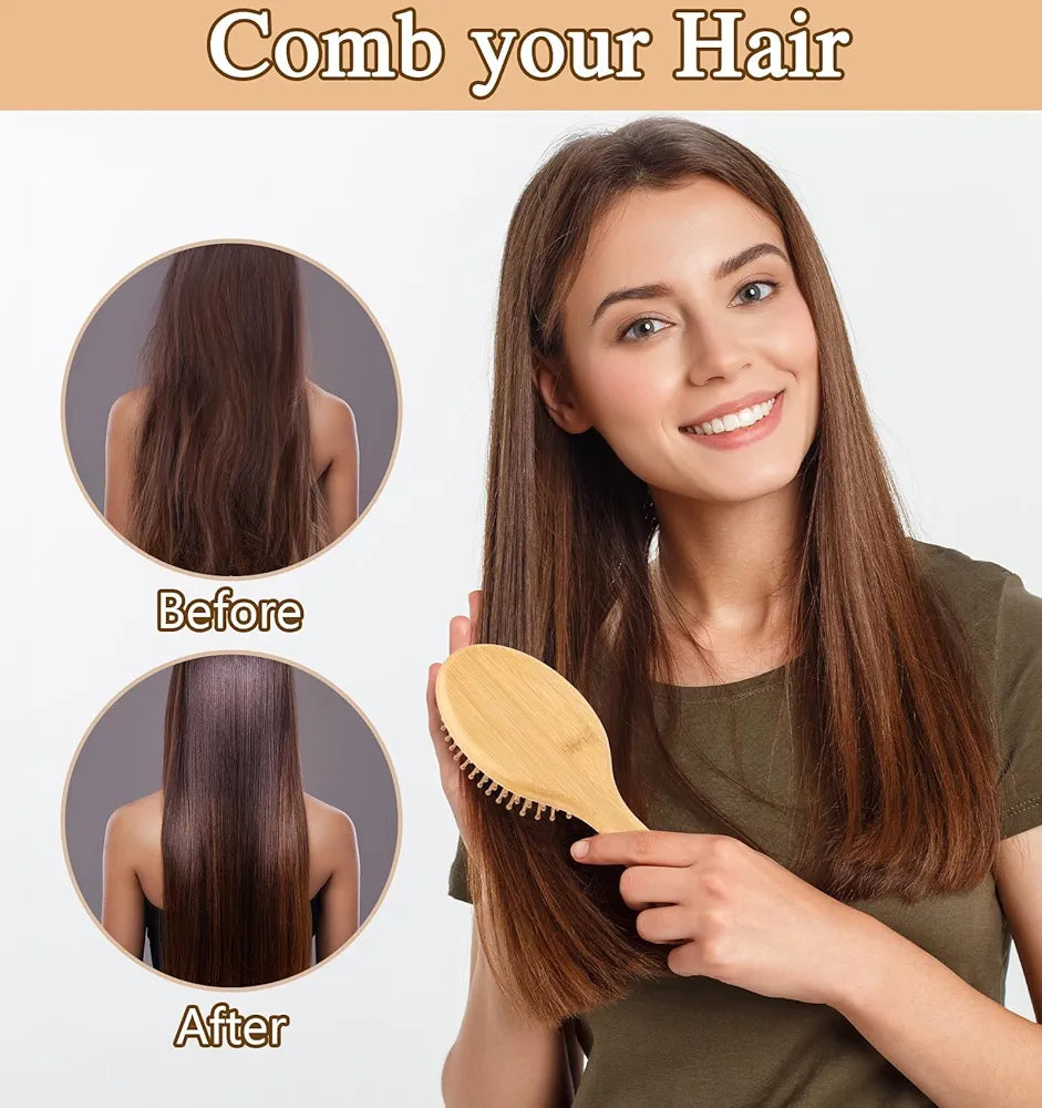 Hair Brush ✨Set, Natural ✨Bamboo ⭐Comb Paddle Detangling Hairbrush, Wide-tooth and tail comb No Brushs, suit for Women Men and Kids Thick/Thin/Curly/Dry Hair Gift kit